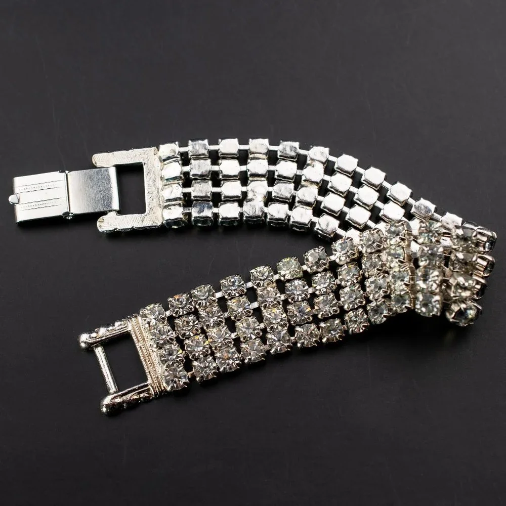 Wide rhinestone tennis bracelet, statement clear crystal bracelet 60s vintage